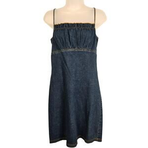 Aqua Blues Y2K Denim Dress Medium Empire Waist Ruffled Neckline Spaghetti Strap